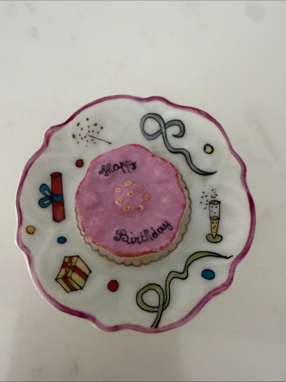 limoges france Birthday Dessert Plate with Pink Cake Illustration
